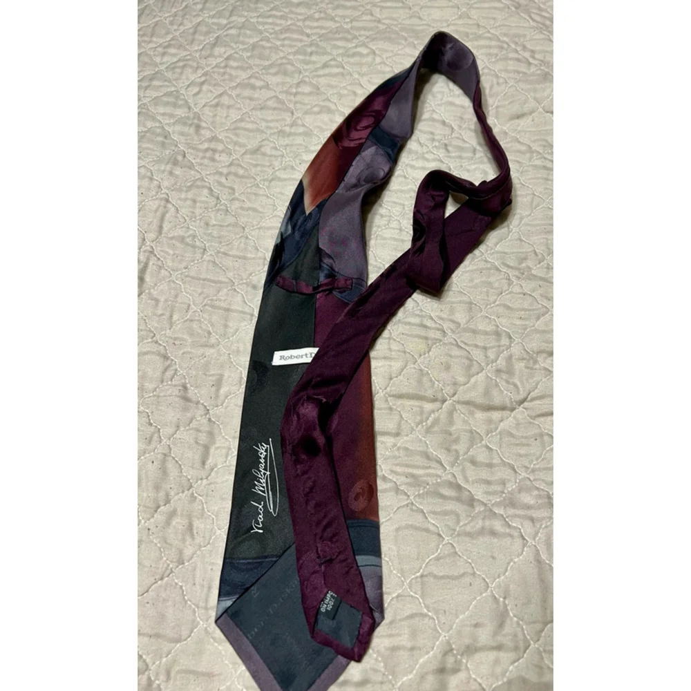Robert Daskai Men’s Tie 100% Silk Purple Black Artist Signed